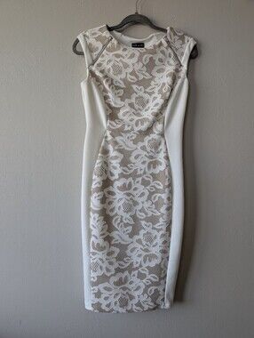 Kate & Lily Cream Lace-Inset Midi Sheath Dress Size 4 Stretch Sleeveless Stretch